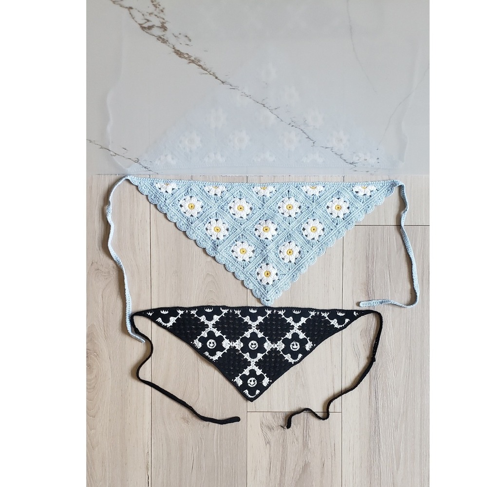 Crochetβ Hair Bandana Set Blue Black Daisy Smiley Face Boho